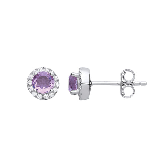 Silver  Lilac CZ Solitaire Halo Cluster Stud Earrings - GVE733