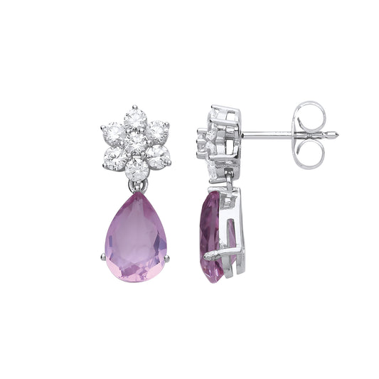Silver  Lilac Pear Cut CZ Purple Rain Drop Earrings - GVE734