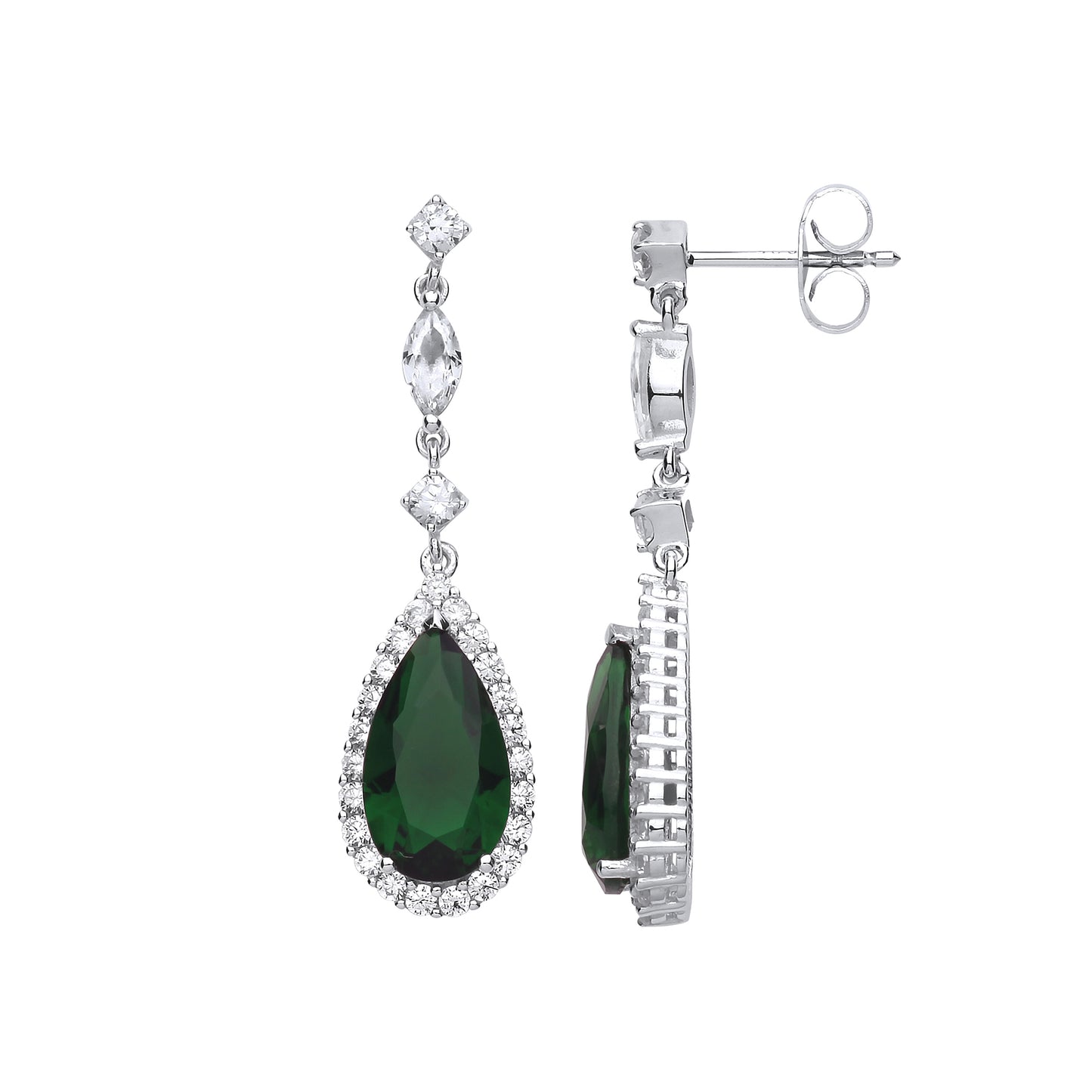 Silver  Green Pear Cut CZ Tears of Joy Halo Drop Earrings - GVE735EM