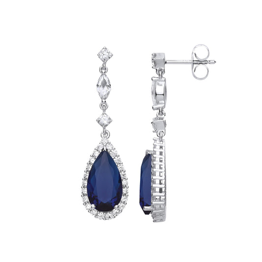 Silver  Blue Pear Cut CZ Tears of Joy Halo Drop Earrings - GVE735SAP