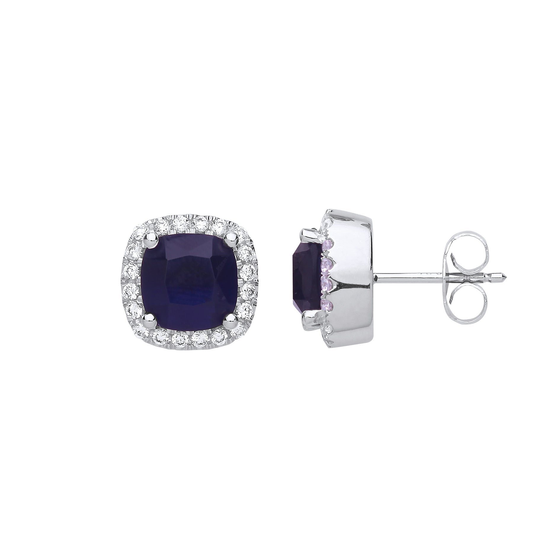 Silver  Blue Cushion CZ Halo Stud Earrings - GVE736