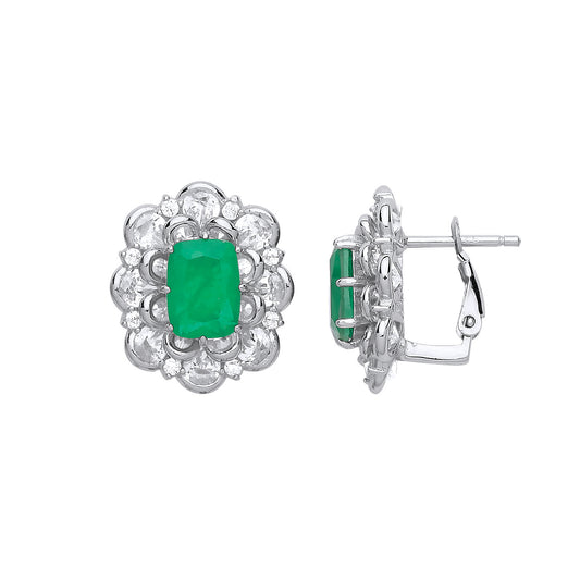 Silver  Green Cushion CZ Supernova Flower Cluster Drop Earrings - GVE739EM