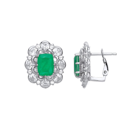 Silver  Green Cushion CZ Supernova Flower Cluster Drop Earrings - GVE739EM