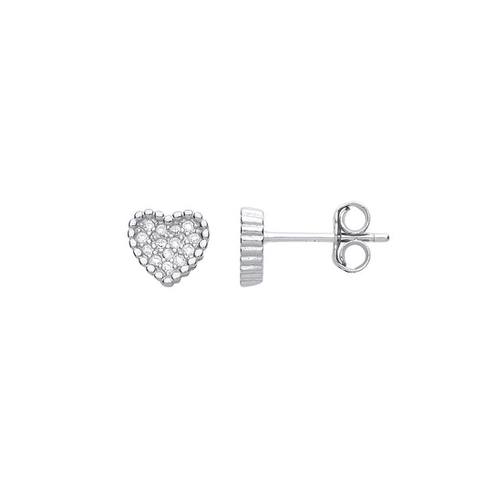 Silver  CZ Bead Edge Love Heart Cluster Stud Earrings - GVE747