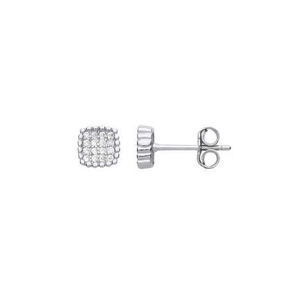 Silver  CZ Bead Edge Pavé Square Stud Earrings - GVE749