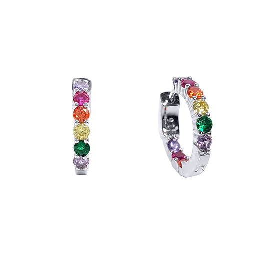 Silver  Multi Colour CZ Rainbow Huggie Hoop Earrings 2mm 16mm - GVE754