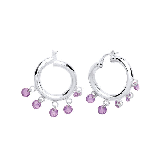 Silver  Purple CZ Checkerboard Spheroid Hoop Drop Earrings 19mm - GVE760