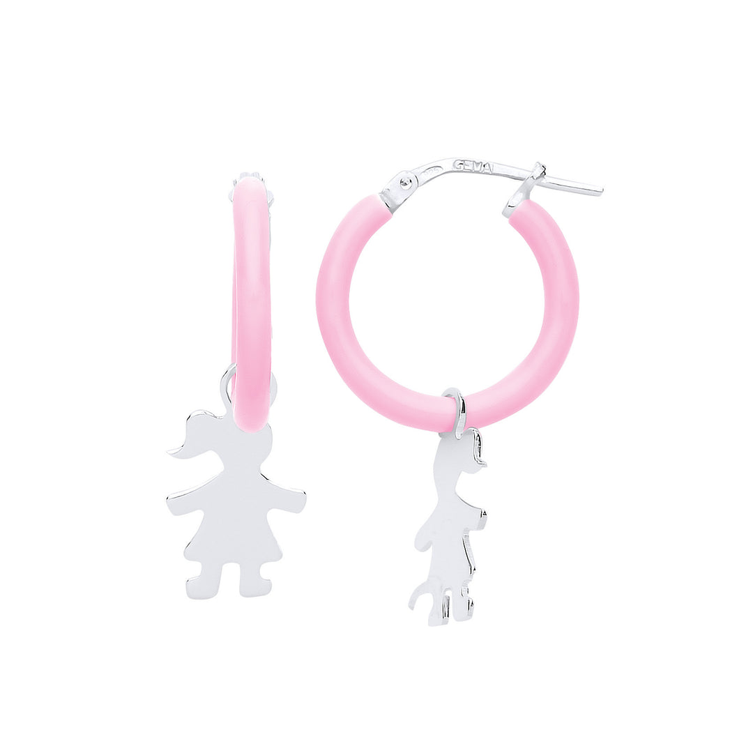 Silver  Pink Enamel Little Girls Silhouette Drop Earrings - GVE765