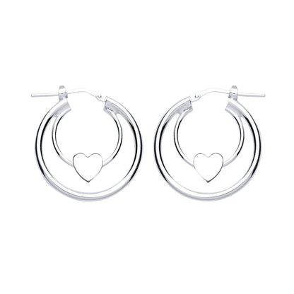 Silver  Love Heart Double Hoop Earrings 18mm - GVE775