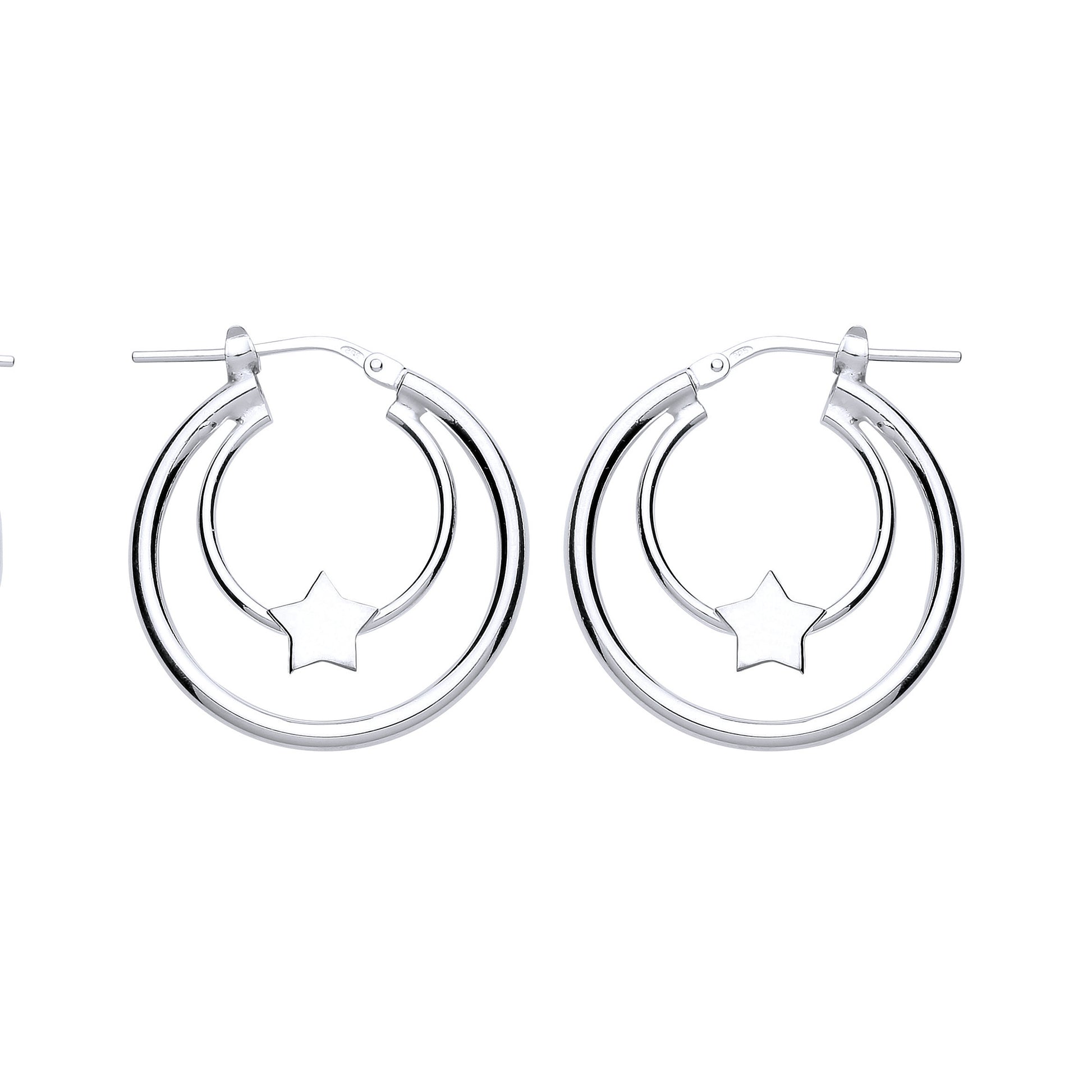 Silver  Twinkle Star Double Hoop Earrings 18mm - GVE776