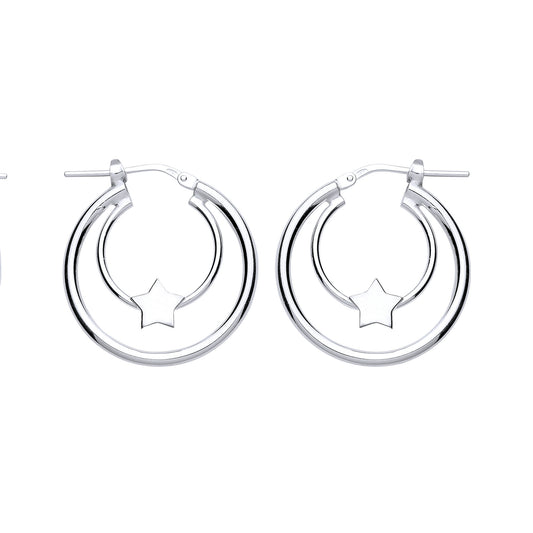 Silver  Twinkle Star Double Hoop Earrings 18mm - GVE776