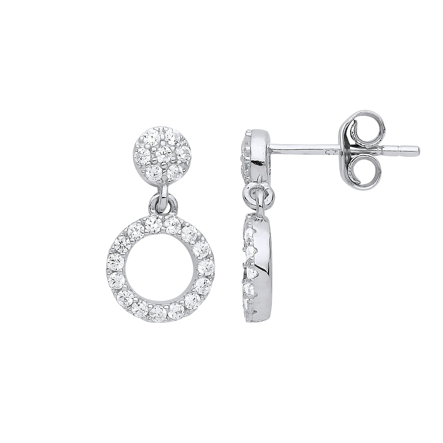 Silver  CZ Halo Hoop Drop Earrings - GVE794