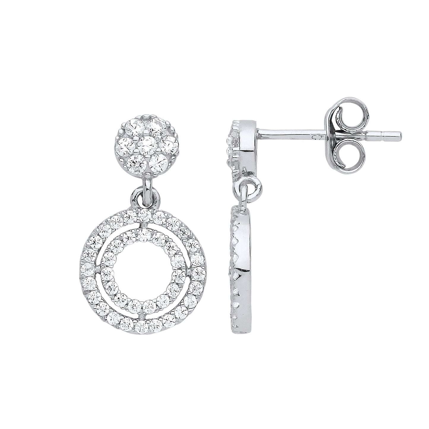 Silver  CZ Double Halo Hoop Drop Earrings - GVE795