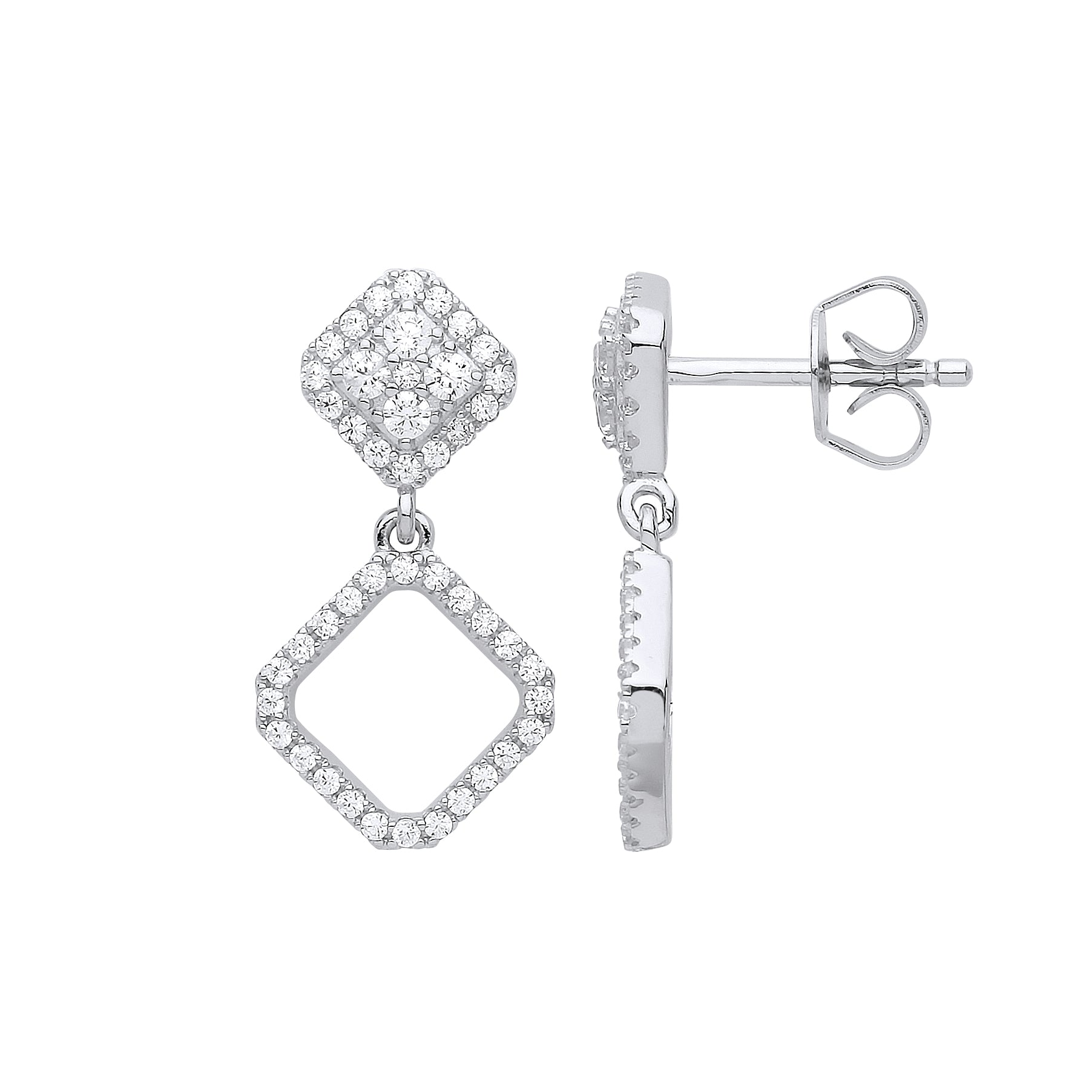 Silver  CZ Square Halo Cluster Drop Earrings - GVE796