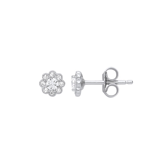 Silver  CZ Mini Daisy Flower Cluster Stud Earrings - GVE801