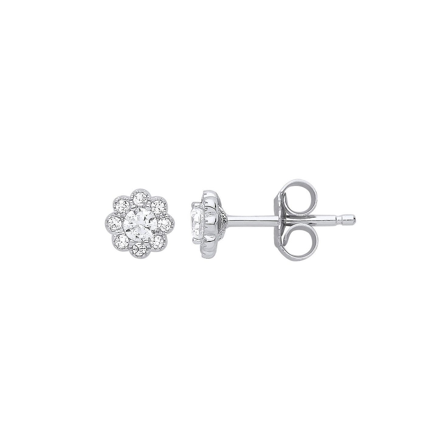 Silver  CZ Mini Daisy Flower Cluster Stud Earrings - GVE801