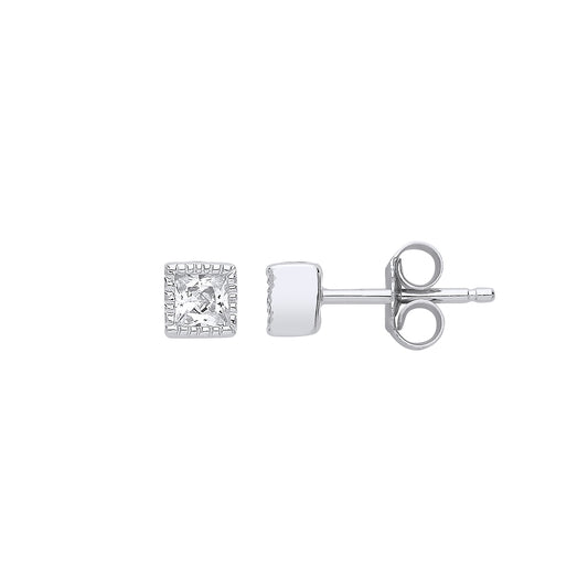 Silver  Princess Cut CZ Bead Edge Solitaire Stud Earrings - GVE802