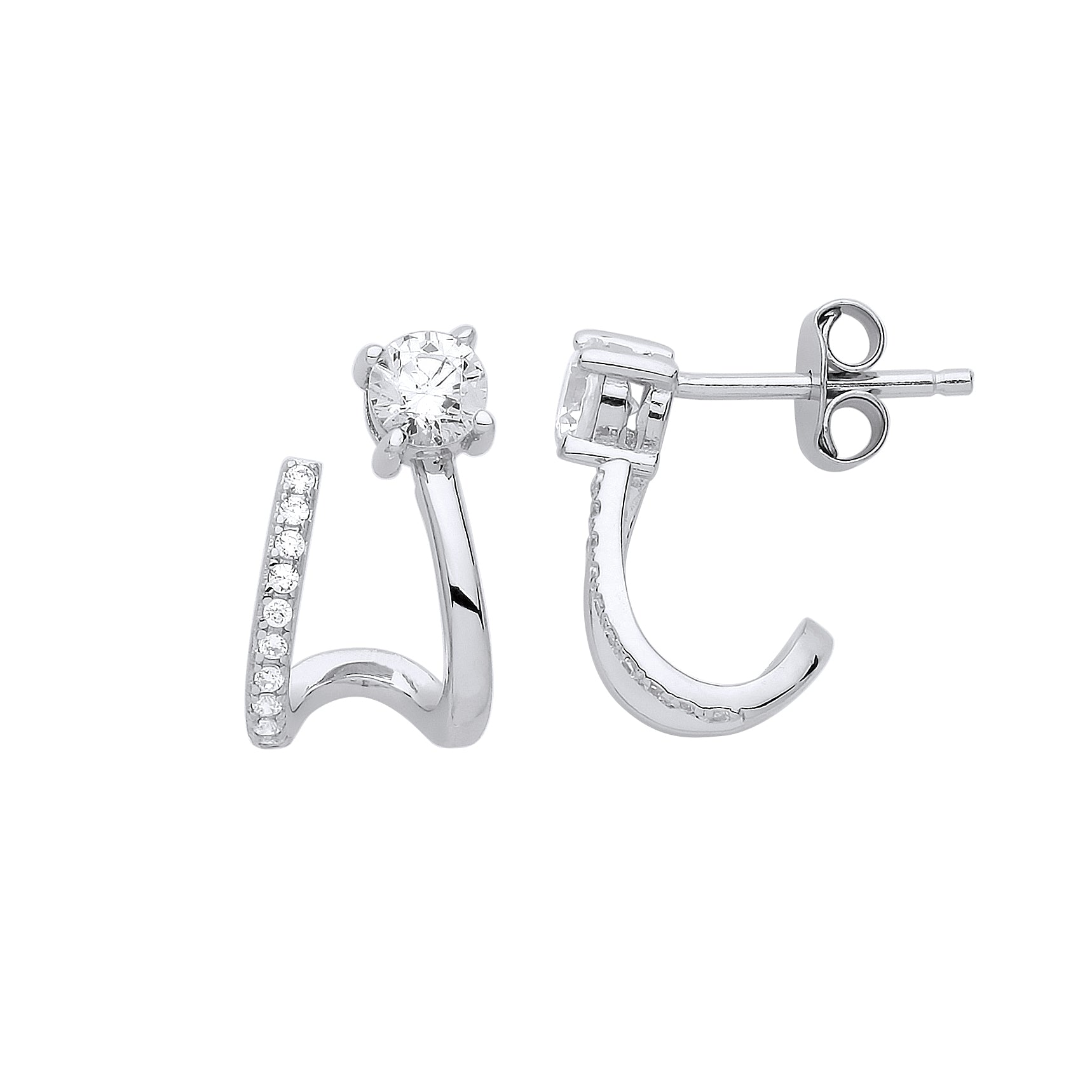 Silver  CZ Wavy Solitaire Drop Earrings - GVE811