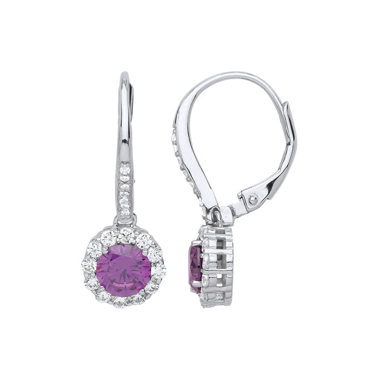 Silver  Purple CZ Solitaire Halo Drop Earrings - GVE812