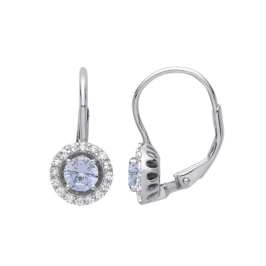 Silver  Light Blue CZ Solitaire Halo Drop Earrings - GVE813AQ