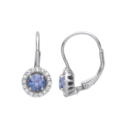 Silver  Blue CZ Solitaire Halo Drop Earrings - GVE813BT
