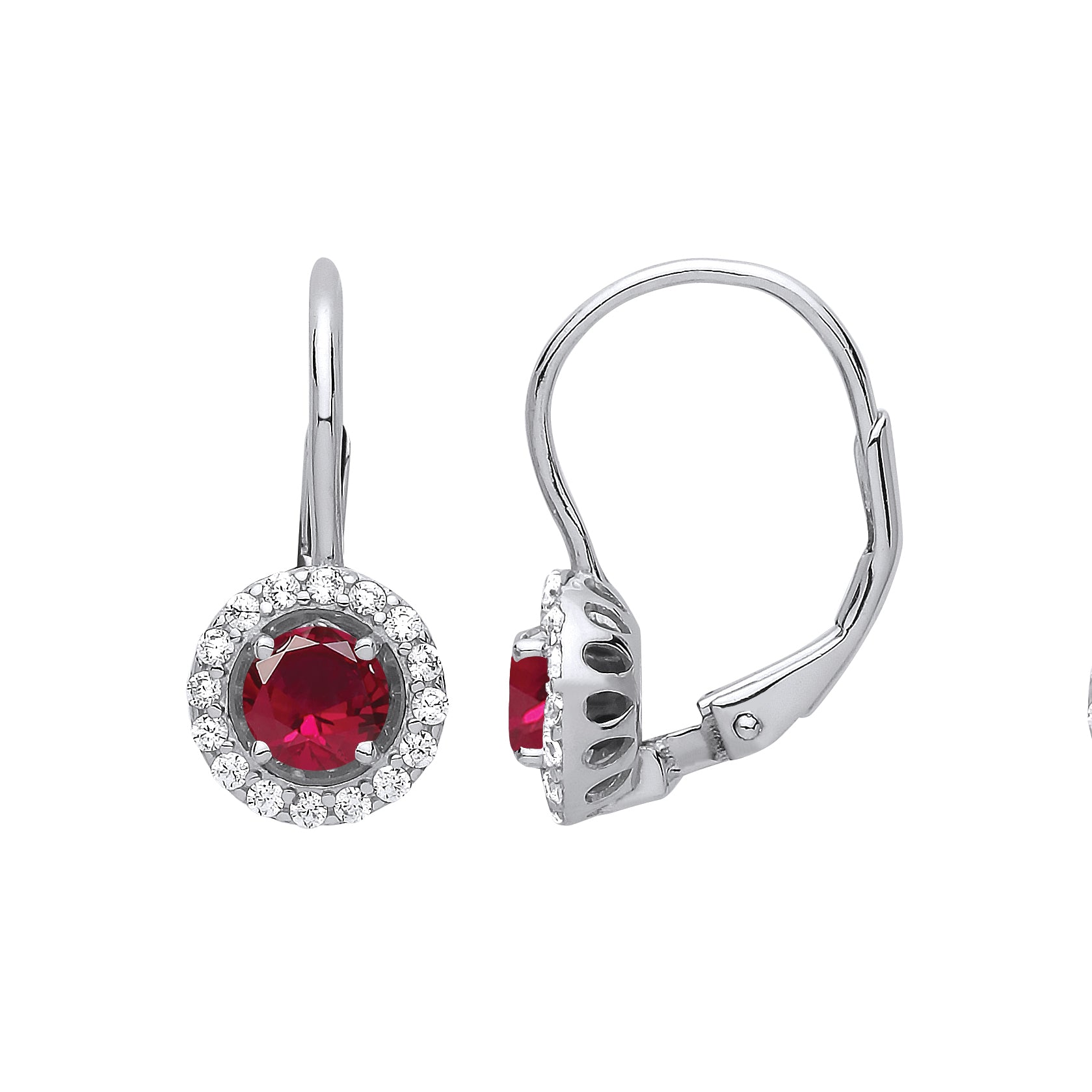 Silver  Red CZ Solitaire Saturn Halo Drop Earrings - GVE813RU