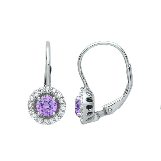 Silver  Lilac CZ Solitaire Halo Drop Earrings - GVE813VIO