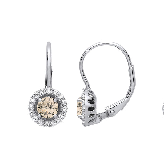 Silver Yellow CZ Solitaire Halo Drop Earrings - GVE813YC