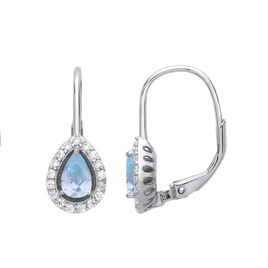 Silver  Light Blue Pear CZ Tears of Joy Halo Drop Earrings - GVE814AQ