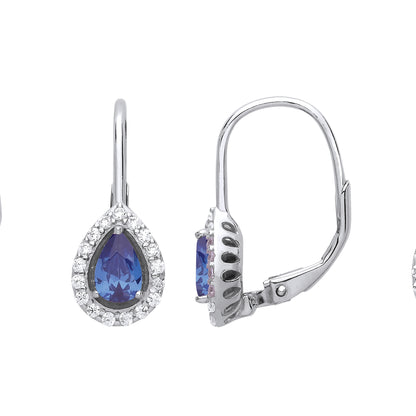 Silver  Blue Pear CZ Tears of Joy Halo Drop Earrings - GVE814CP