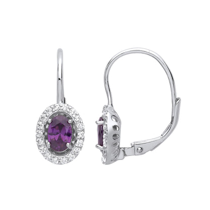 Silver  Purple Oval CZ Solitaire Halo Drop Earrings - GVE815AM