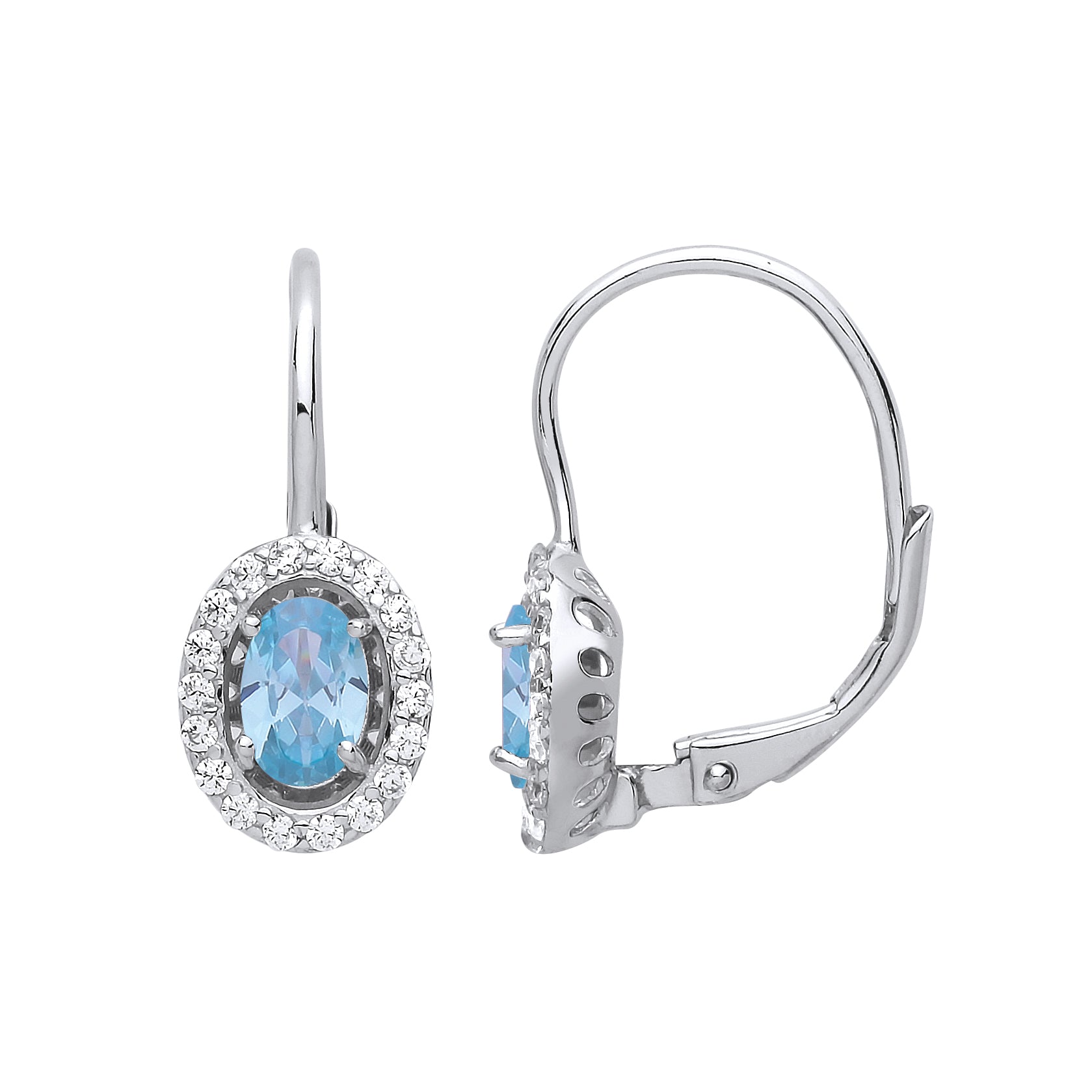 Silver  Light Blue Oval CZ Solitaire Halo Drop Earrings - GVE815AQ