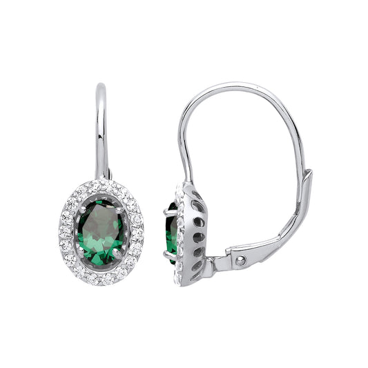 Silver  Green Oval CZ Solitaire Halo Drop Earrings - GVE815EM