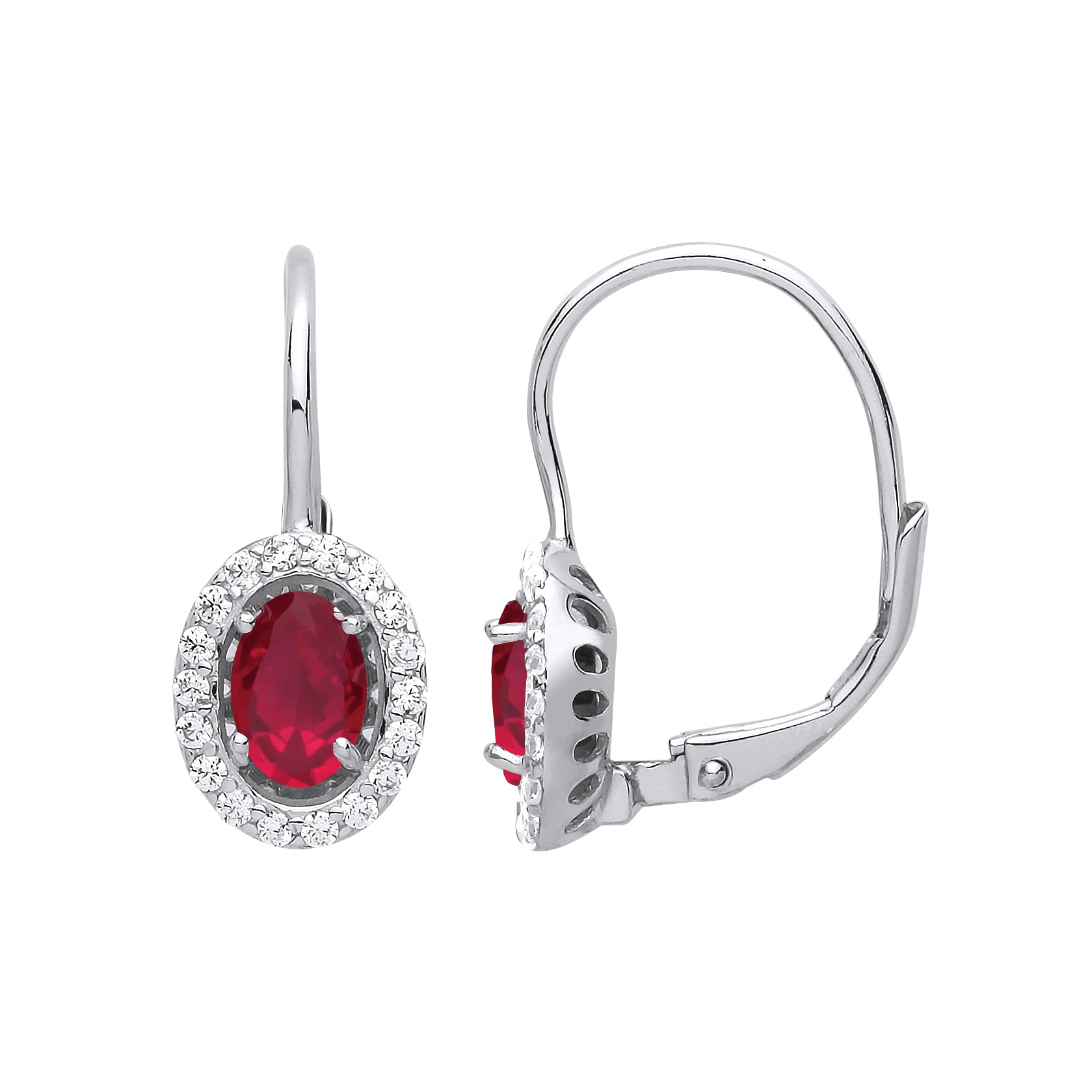 Silver  Red Oval CZ Solitaire Halo Drop Earrings - GVE815RU