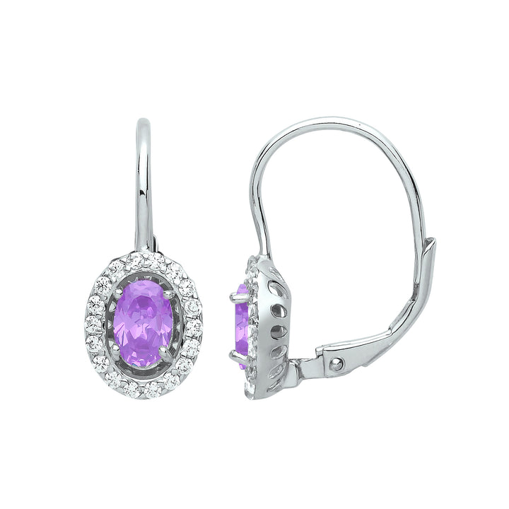 Silver  Lilac Oval CZ Solitaire Halo Drop Earrings - GVE815VIO