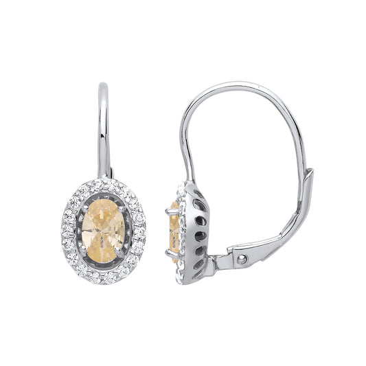 Silver  Yellow Oval CZ Solitaire Halo Drop Earrings - GVE815YC