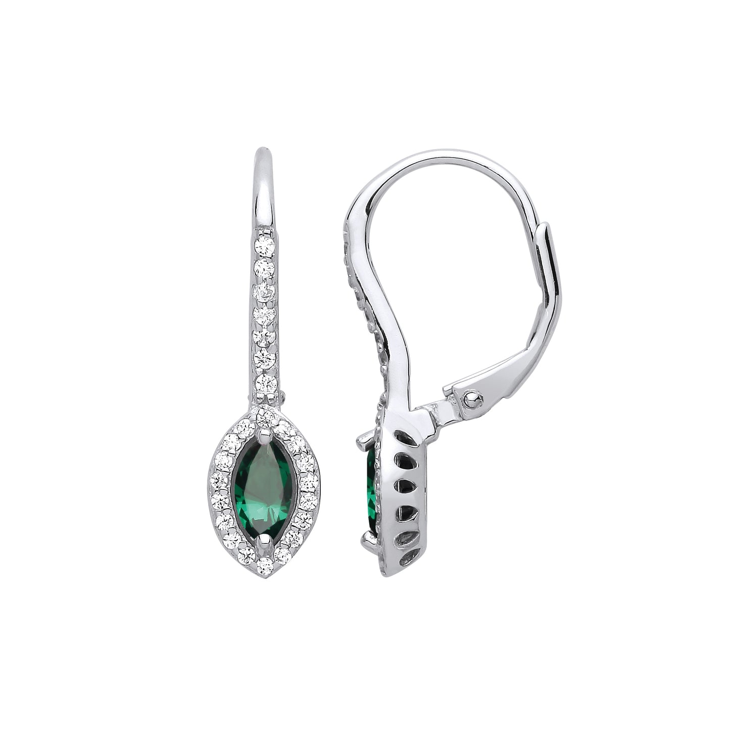 Silver  Green Marquise CZ Solitaire Halo Drop Earrings - GVE816EM