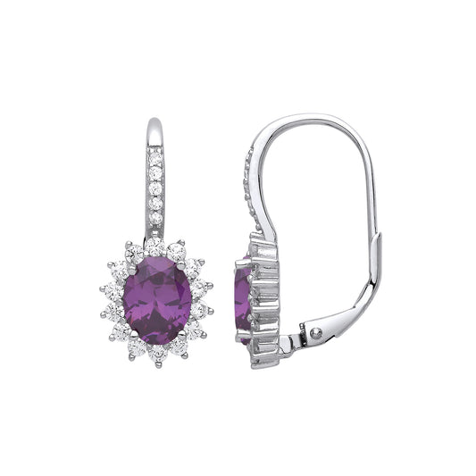 Silver  Purple Oval CZ Classic Cluster Drop Earrings - GVE817AM
