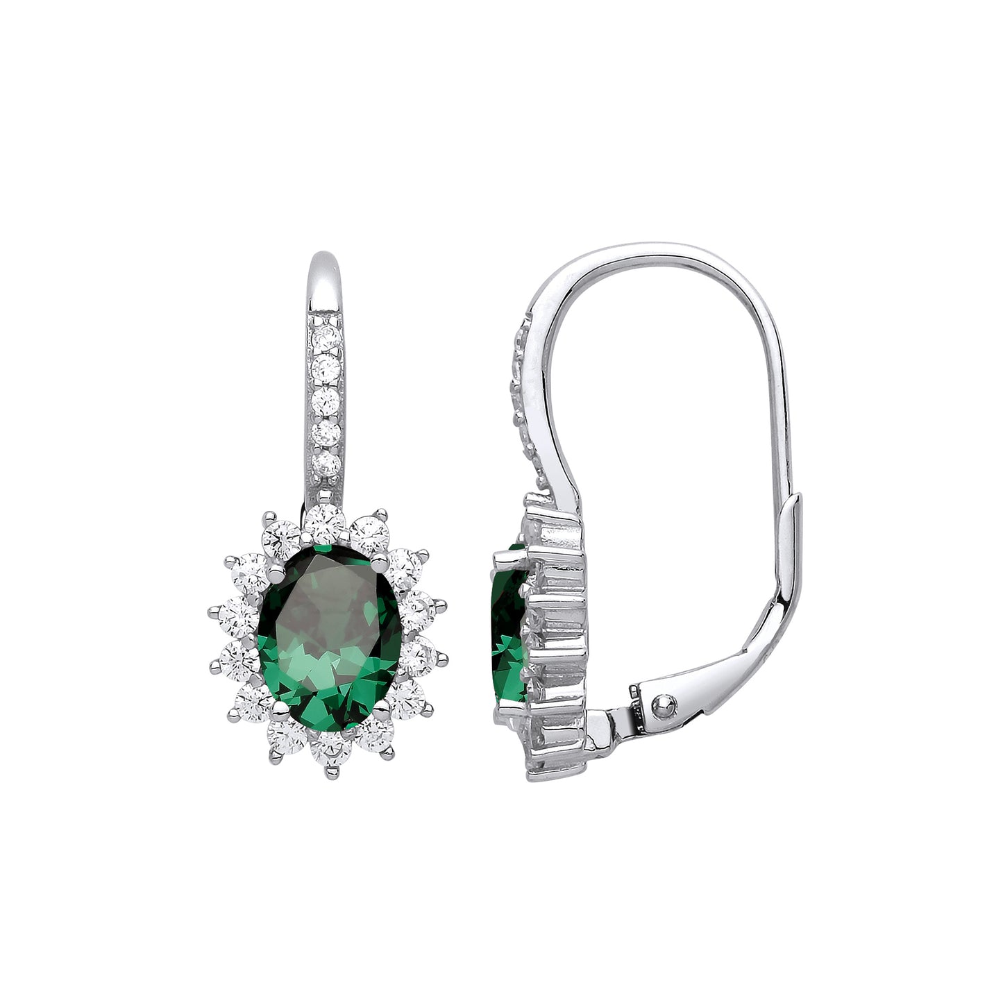 Silver  Green Oval CZ Solitaire Cluster Drop Earrings - GVE817EM