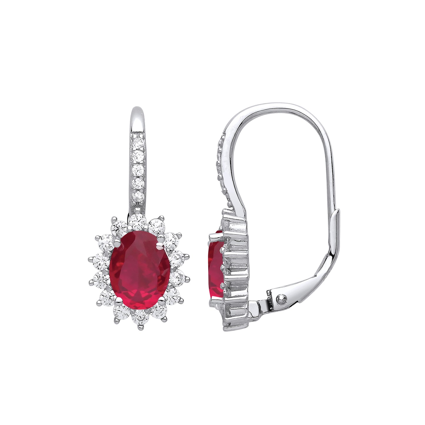 Silver  Red Oval CZ Solitaire Cluster Drop Earrings - GVE817RU