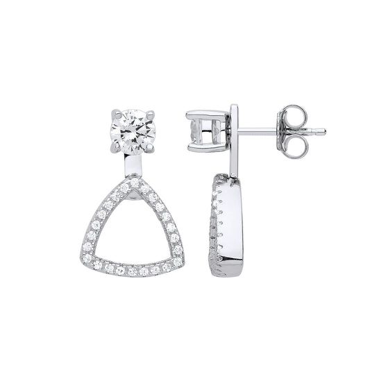 Silver  CZ Convertible Curved Triangle Halo Drop Jacket Earrings - GVE820