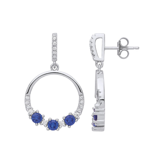 Silver  Blue CZ Trilogy Half Eternity Drop Earrings - GVE824