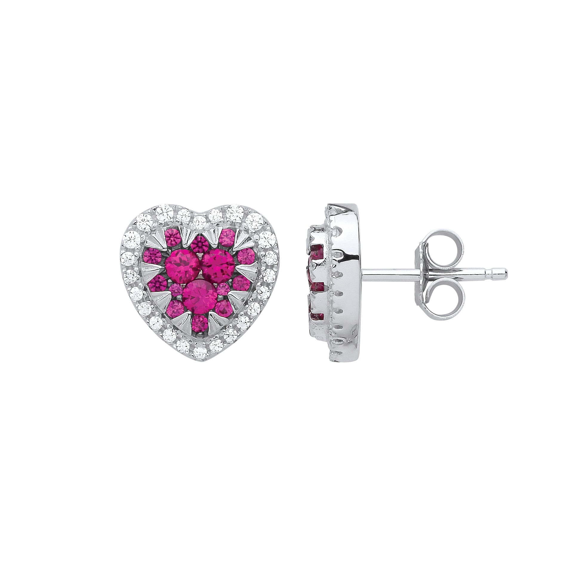 Silver  Hot Pink CZ Love Has Teeth Heart Stud Earrings - GVE825