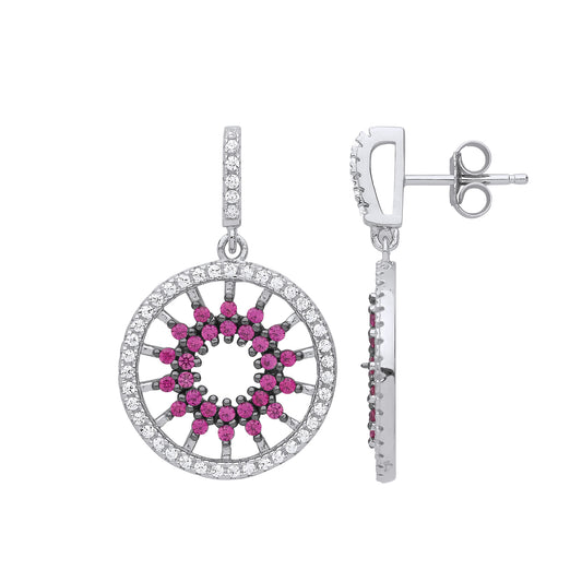 Silver  Pink CZ Sunshine Star Burst Halo Drop Earrings - GVE826