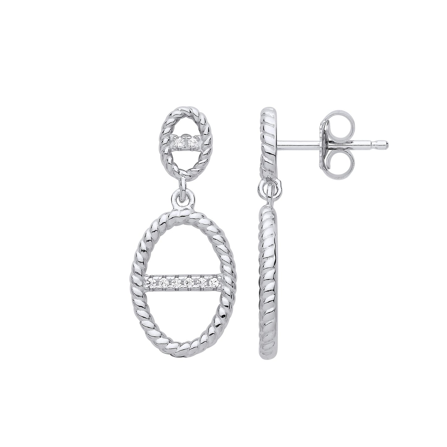 Silver  CZ Rope Edge Oval Theta Drop Earrings - GVE833