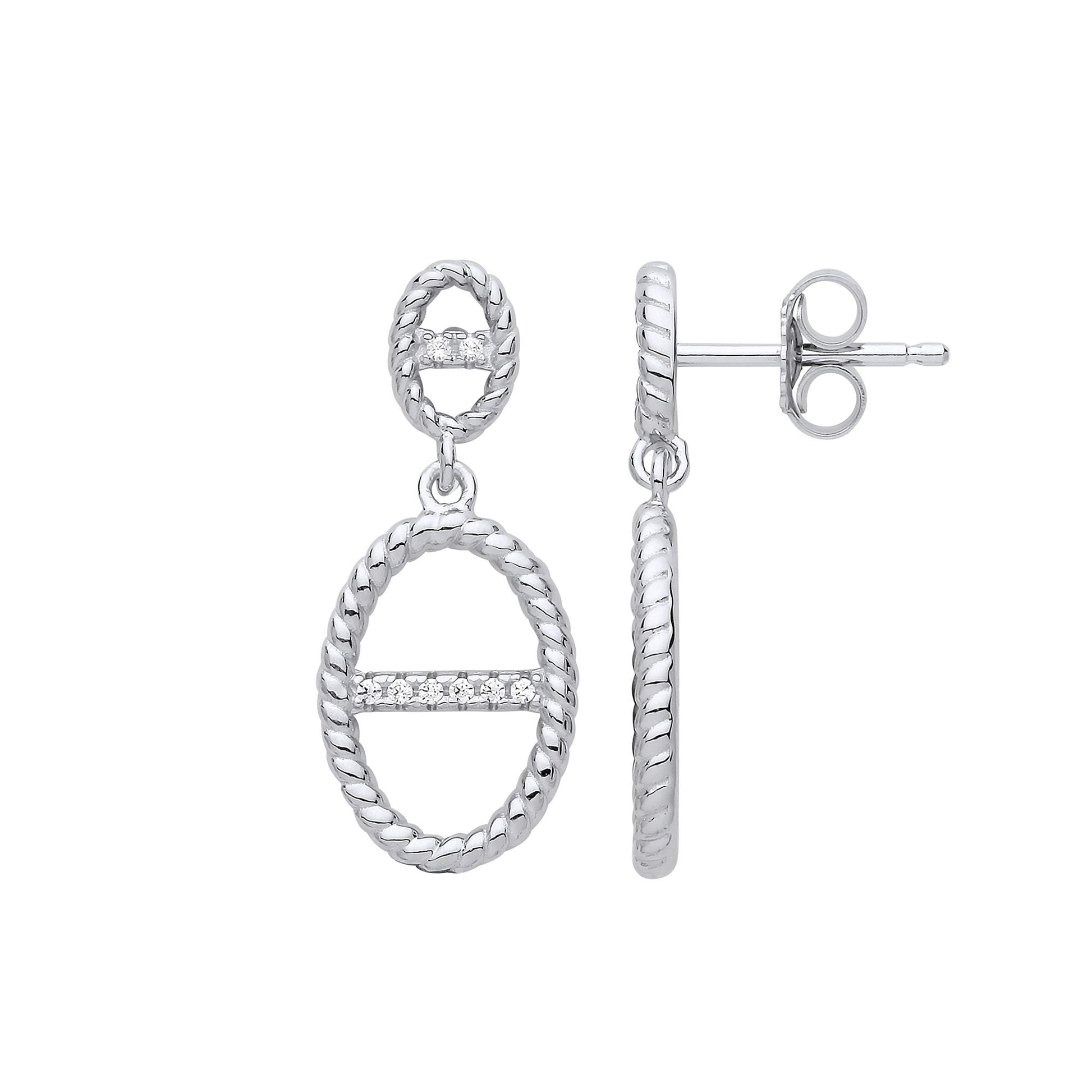 Silver  CZ Rope Edge Oval Theta Drop Earrings - GVE833