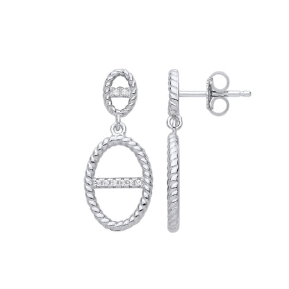 Silver  CZ Rope Edge Oval Theta Drop Earrings - GVE833