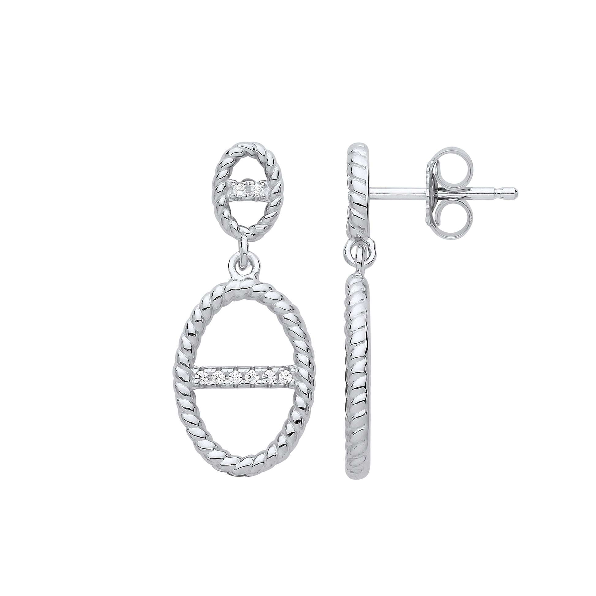 Silver  CZ Rope Edge Oval Theta Drop Earrings - GVE833