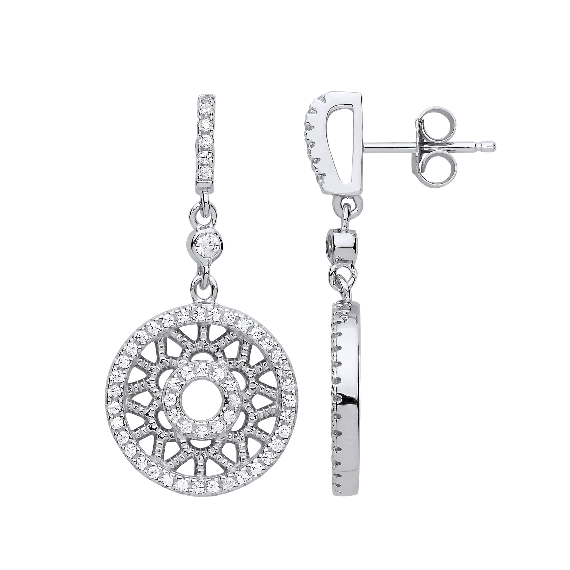 Silver  CZ Daisy Halo Mosaic Drop Earrings - GVE835