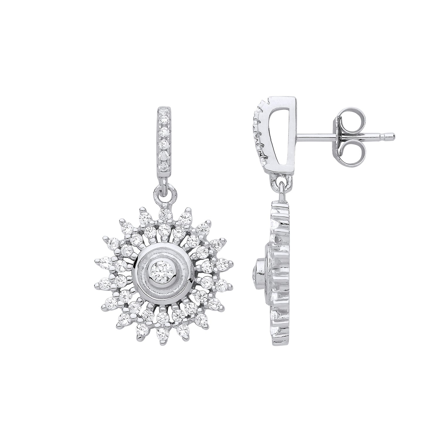 Silver  CZ Sunshine Star Burst Drop Earrings - GVE836